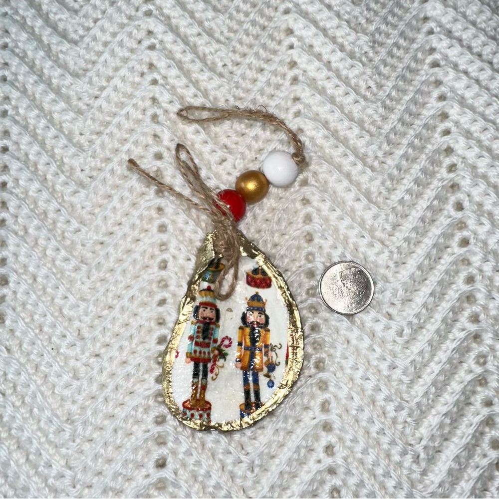 Handmade Decoupage Nutcracker Oyster Shell Christmas Ornament
